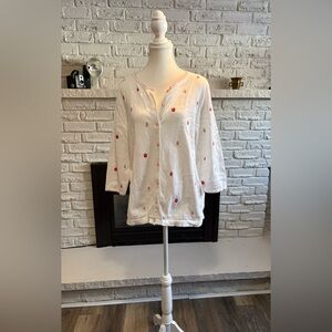 CJ Banks White and Pink Button Down Sweater With Embroidered Raspberries